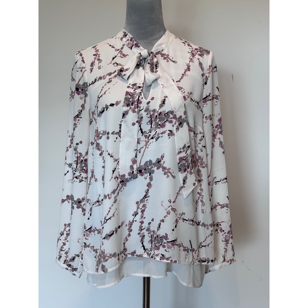 DR2 Womens Medium White Purple Floral Tie Neck Long Sleeve Blouse Tiered Hem